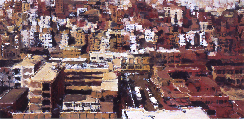 Philippe Cognée – Architecture, une fiction d’aujourd’hui : Le Caire rouge, 2001, 200x200 (diptyque) Peinture à la cire sur toile, marouflée sur bois